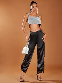 SHEIN BAE Solid Crop Metallic Chain Detail Backless Top - Silver - View 3
