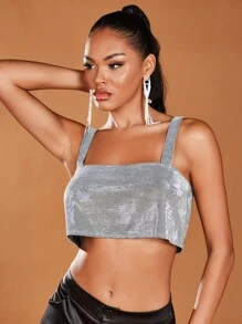 SHEIN BAE Solid Crop Metallic Chain Detail Backless Top - Silver - View 4