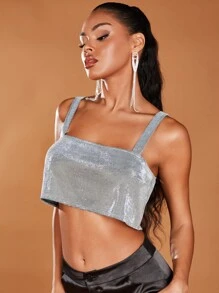 SHEIN BAE Solid Crop Metallic Chain Detail Backless Top - Silver - View 5