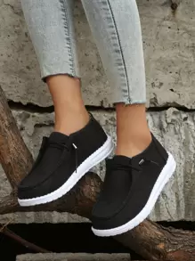 Giày lười có dây buộc phía trước bằng vải lanh cho nữ, Giày thể thao cổ thấp thoáng khí thông thường - màu đen - Xem 8