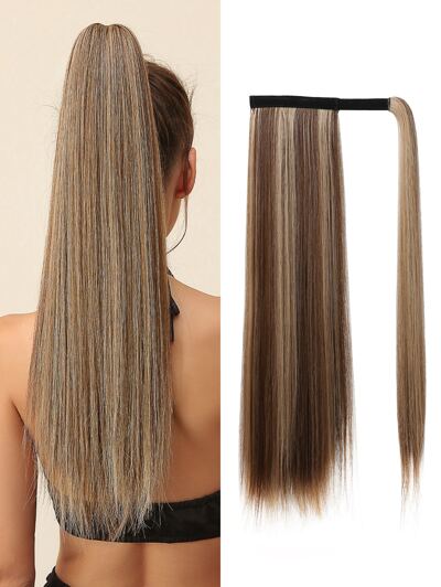 Brown Mixed Light Brown Long Straight Ponytail Synthetic Hair Extensions Daily Inlet Silk Mother's Day Music Festival HOTSALE