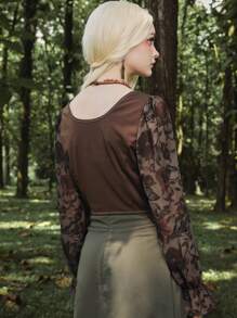 ROMWE Fairycore 印花方領荷葉袖不對稱下擺上衣 - 彩色 - 查看 2