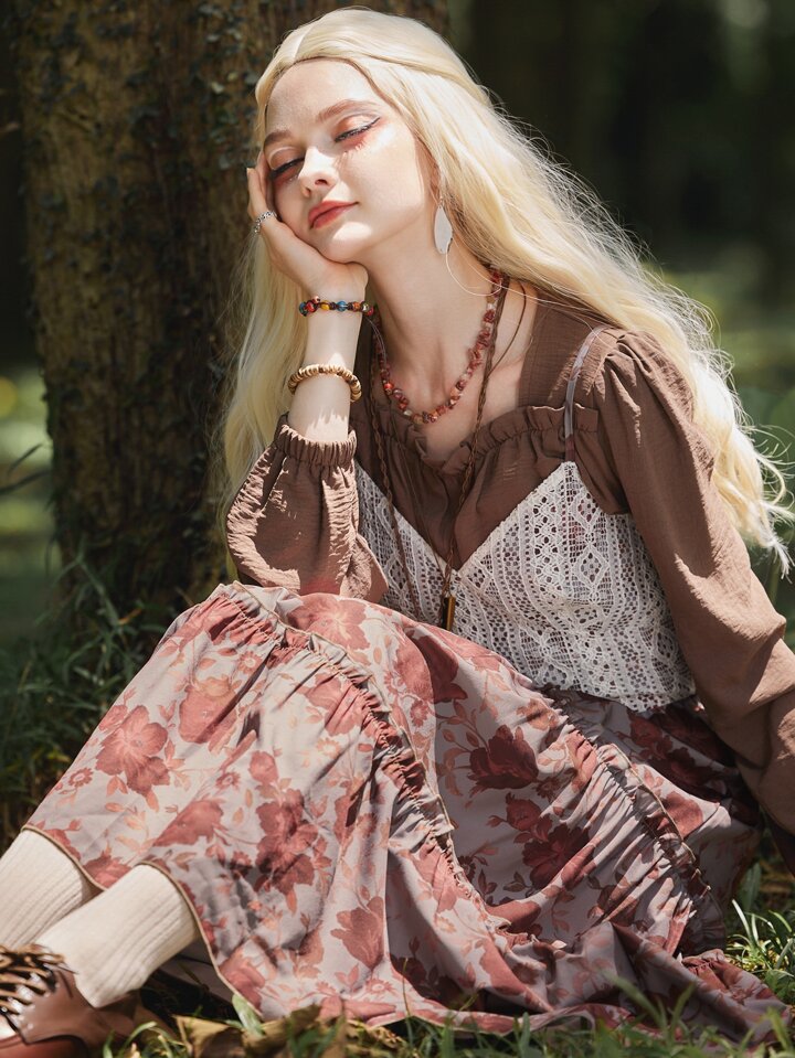 floral print contrast lace cami dress Shein- Floral & Plants Print Contrast Lace Cami Night Dress – Bagallery main image 1