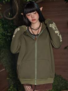 ROMWE Hippie Hoodie In hoa Dây kéo Thả vai - xanh quân đội - Xem 5