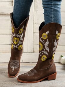 Botas cowboy con girasol con bordado con tacón grueso - Café integral - Ver 4