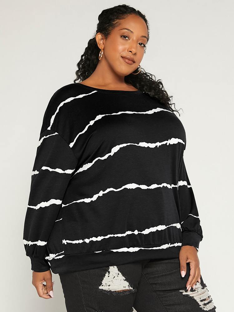 SHEIN CURVE+ Pullover onda de rayas de hombros caídos - Negro - Añade 6
