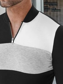 Men Colour Block Quarter Zip Polo Shirt - Black - View 3