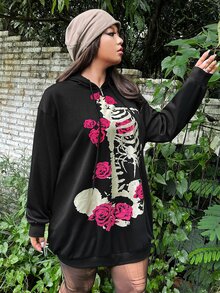 ROMWE PUNK Plus Floral & Skeleton Print Drop Shoulder Drawstring Hooded Dress - Black - View 6