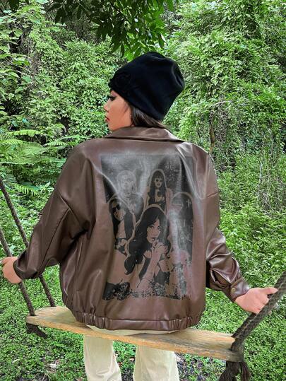 ROMWE PUNK プラス ドロップショルダー PUレザー バイカージャケット ROMWE PUNK プラス 人物グラフィック ドロップショルダー PU