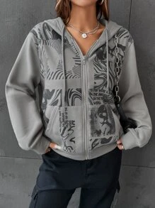 Muchica Hoodie Đồ họa Hình & Khẩu hiệu Dây kéo Dây rút - Xám - Xem 1