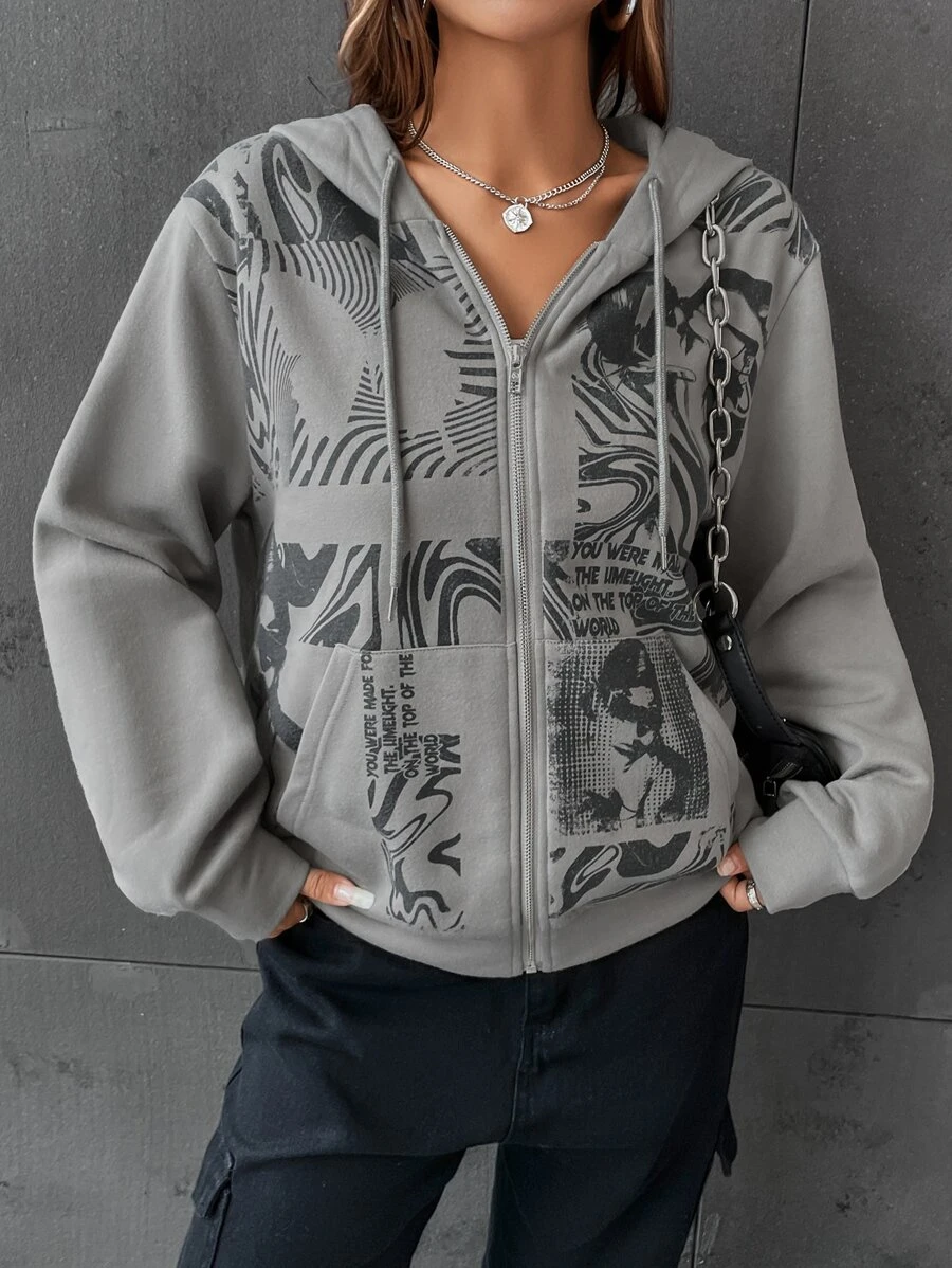 Muchica Hoodie Đồ họa Hình & Khẩu hiệu Dây kéo Dây rút - Xám - Xem 1