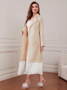 Modelyn Lapel Neck Fringe Hem Belted Coat - Beige - View 3