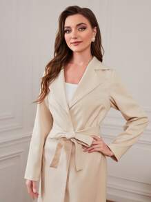 Modelyn Lapel Neck Fringe Hem Belted Coat - Beige - View 5