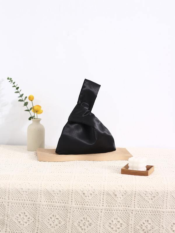 Pequena Bolsa de Punho de Cetim Preto, Bolsa Simples com Laço para Mulheres