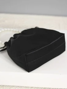 經典抽繩設計珍珠裝飾迷你晚會包帶可拆卸肩帶和頂部單條提帶 - 黑色 - 查看 5