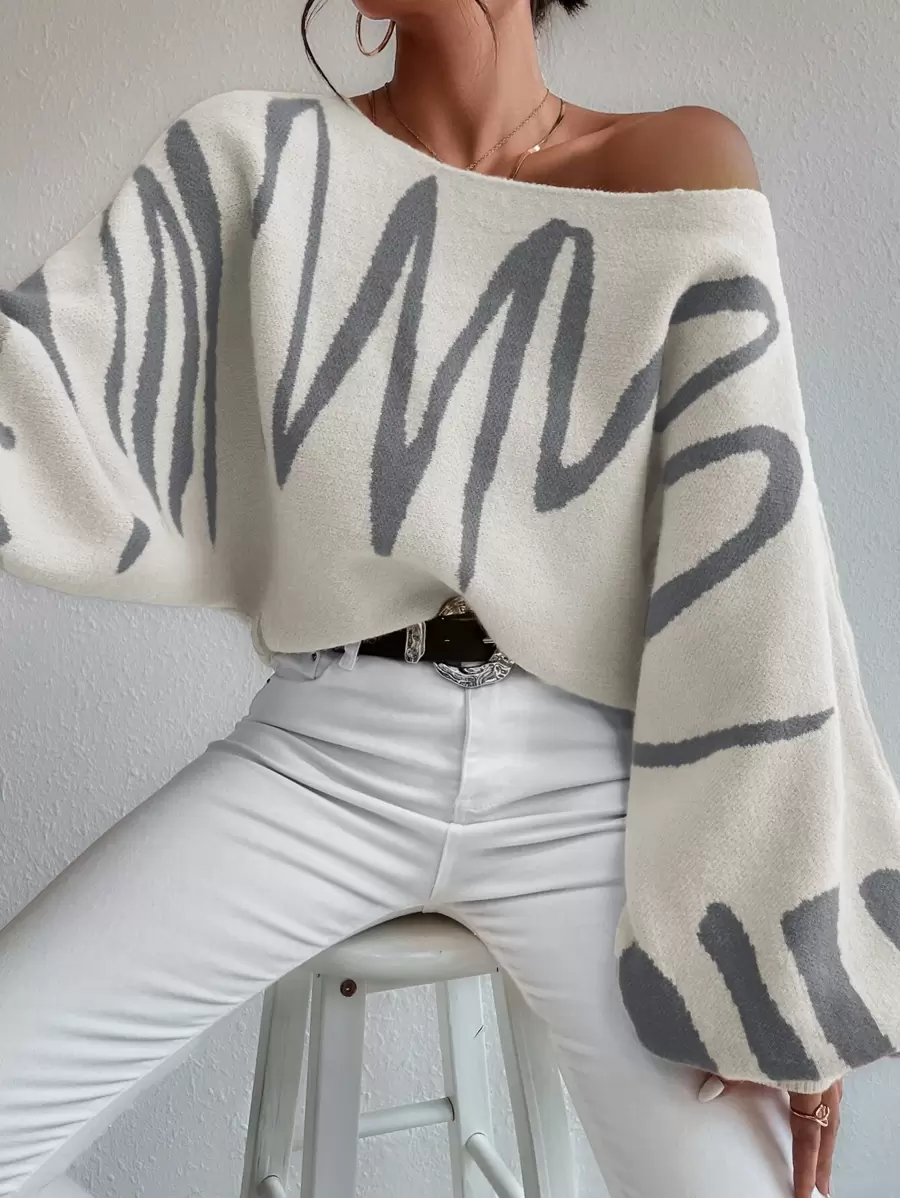 Chiquease Graphic Pattern Lantern Sleeve Sweater Knit Pullover Fall ...