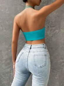 SHEIN ICON 不對稱下擺掛脖上衣 - 水鴨藍 - 查看 2
