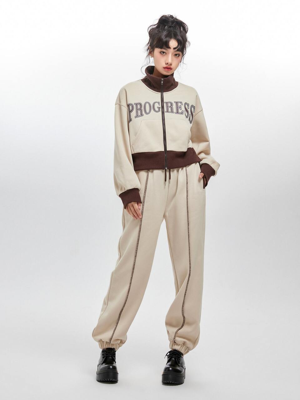 Letter Graphic Drop Shoulder Jacket & Drawstring Waist Sweatpants