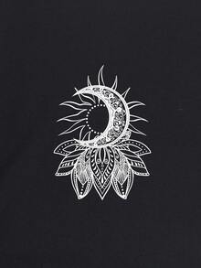 SHEIN LUNE Sun And Moon Print Tee - Black - View 3