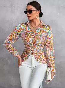 SHEIN Clasi 滿版圓圈圖案前扭結襯衫 - 彩色 - 查看 1
