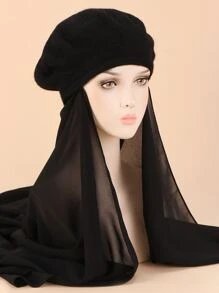 1件雪纺头巾贝雷帽，带披肩，纯色轻薄头巾围巾，女士画家帽，发帽，睡帽 - 黑色 - 查看 4