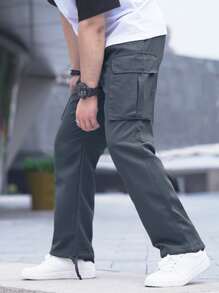 Chillumni 男式翻盖口袋抽绳腰工装裤 - 深灰色 - 查看 4