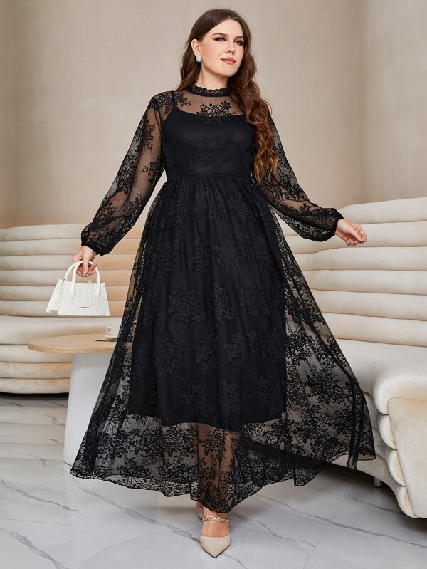 Modelyn Plus Lantern Sleeve Mock Neck Lace Dress Maxi Women Outfit Long Evening Dresses