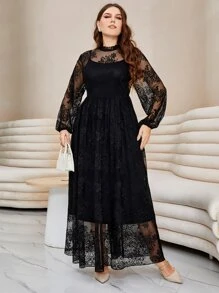 Modelyn Plus Lantern Sleeve Mock Neck Lace Dress Maxi Women Outfit Long Evening Dresses Fall Cloth For Women