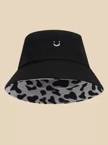 Cute 1pc Expression Embroidered Reversible Bucket Hat Interior Zebra Print Double Sided Printed Hat - Black - View 1