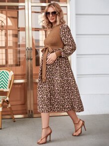 SHEIN 孕婦碎花燈籠袖前繫帶連衣裙 - 彩色 - 查看 1