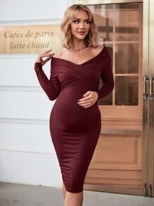 SHEIN 孕婦交叉圍裹雞心領口緊身連衣裙 - 紫紅色 - 查看 3