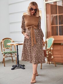 SHEIN 孕婦碎花燈籠袖前繫帶連衣裙 - 彩色 - 查看 4