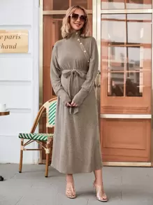 SHEIN Maternity Mock Neck Button Detail Belted Dress - Khaki - View 6