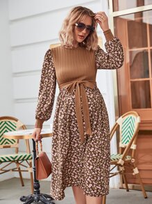 SHEIN 孕婦碎花燈籠袖前繫帶連衣裙 - 彩色 - 查看 5