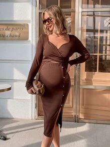 SHEIN Bộ đồ hai mảnh Bà bầu Chia Trọn gói Nút phía trước màu trơn Thanh lịch - Màu nâu Sô-cô-la - Xem 1