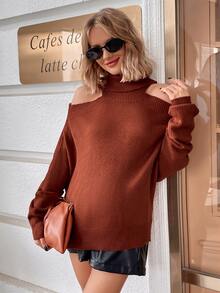 SHEIN Maternity Turtleneck Cut Out Shoulder Jumper - Rust Brown - View 6