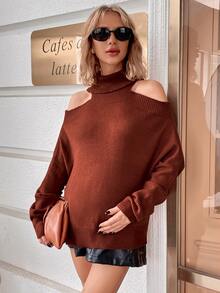 SHEIN Maternity Turtleneck Cut Out Shoulder Jumper - Rust Brown - View 7
