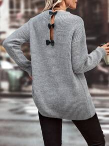 後綁帶蝴蝶結落肩袖套頭毛衣 - 灰色 - 查看 1