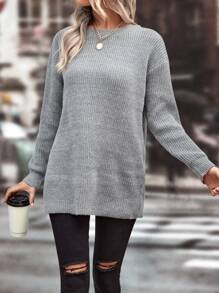 後綁帶蝴蝶結落肩袖套頭毛衣 - 灰色 - 查看 4