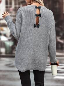 後綁帶蝴蝶結落肩袖套頭毛衣 - 灰色 - 查看 5