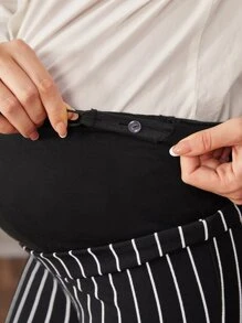 SHEIN 孕婦豎條紋可調節彈性腰帶緊身打底褲 - 黑色 - 查看 3