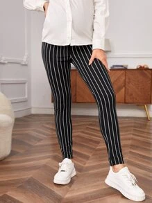 SHEIN 孕婦豎條紋可調節彈性腰帶緊身打底褲 - 黑色 - 查看 4