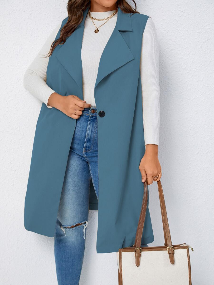 SHEIN LUNE Plus Lapel Neck Single Button Vest Coat - Cadet Blue - View 1