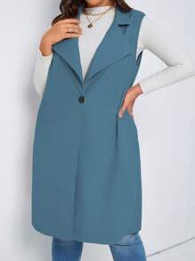 SHEIN LUNE Plus Lapel Neck Single Button Vest Coat - Cadet Blue - View 4