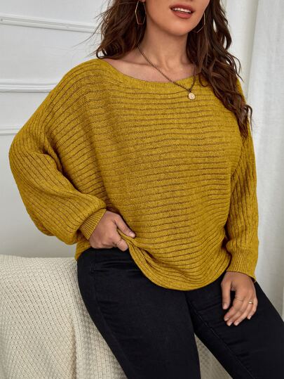 SHEIN LUNE Plus Size Women Solid Color Knit Boat Neck Batwing Sleeve Pullover Sweater, Versatile And Elegant, Autumn/Winter Knit Pullover Fall Outfit