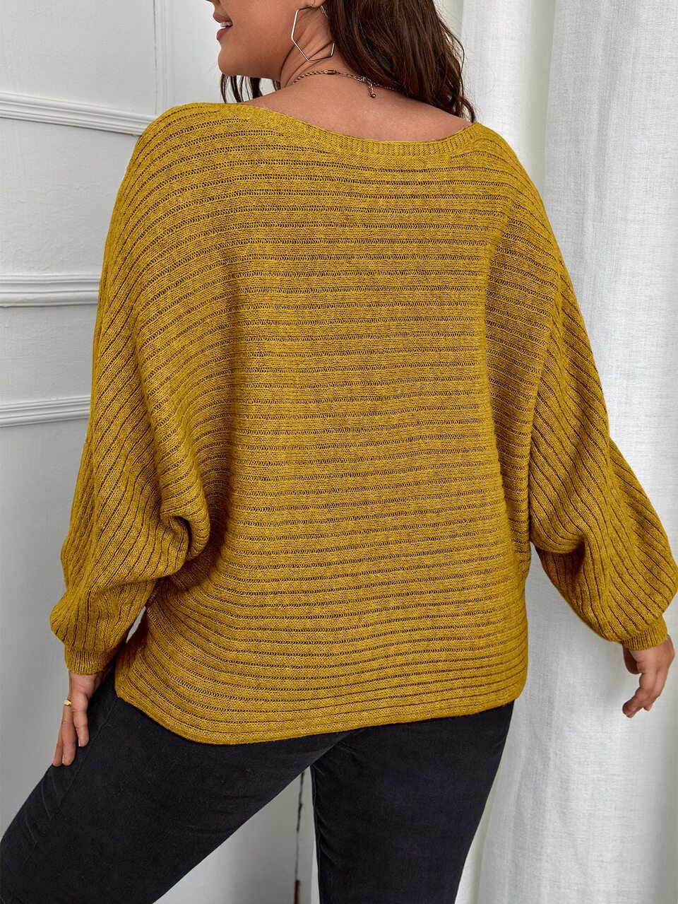 Plus Size Women Solid Color Knit Boat Neck Batwing Sleeve Pullover Sweater, Versatile And Elegant, Autumn/Winter Knit Pullover Fall
