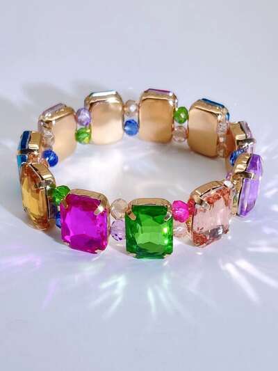 1pc Random Color Beaded Crystal Heart Stretch Bracelet