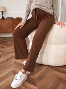 SHEIN Maternity Solid Belted Trousers - Coffee Brown - View 1