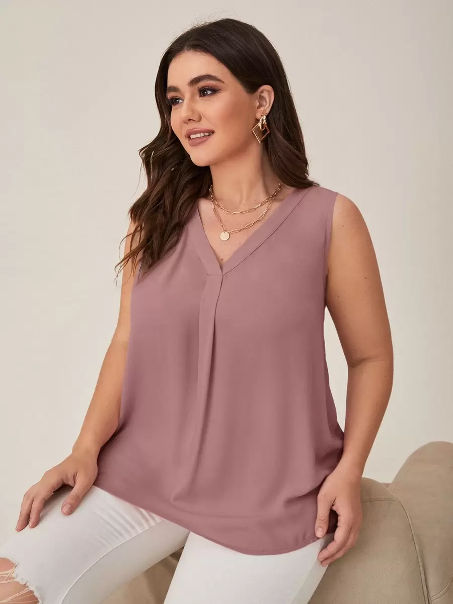 SHEIN Clasi Plus V Neck Sleeveless Blouse - Dusty Pink - View 1