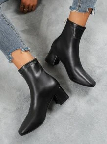 Elegant Black Solid Color Women's Fashion Boots With Back Zipper & Chunky Heel, Classic Style - Black - View 4